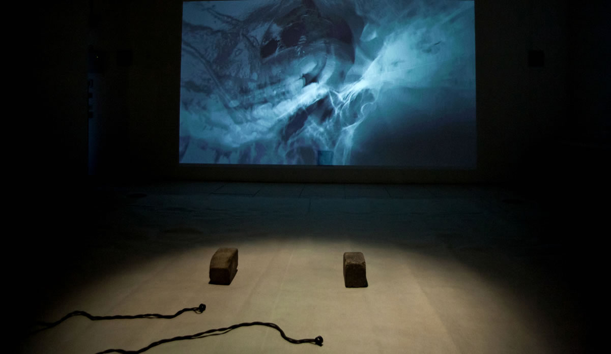 The stage at the beginning of a performance of Marco Donnarumma